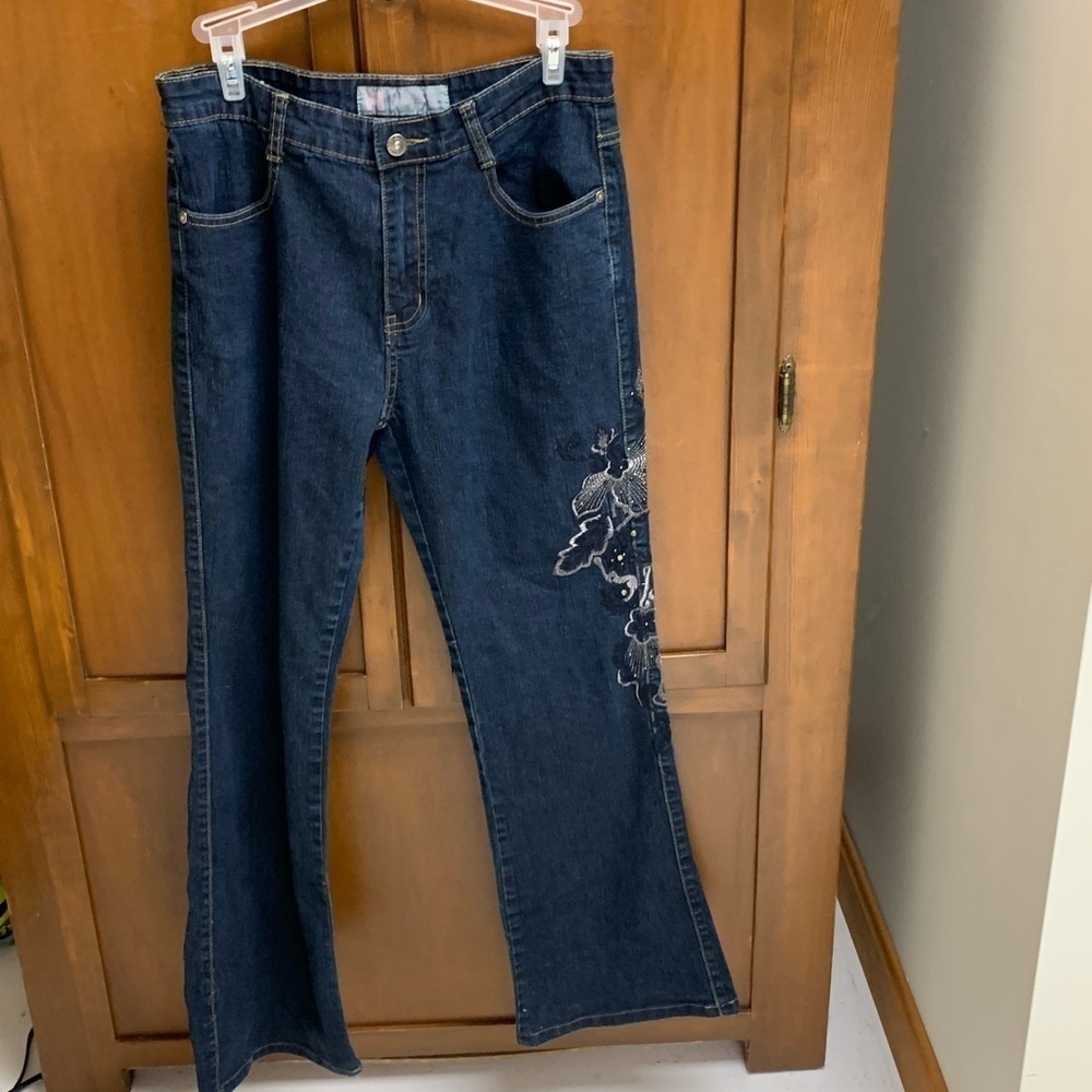 COS flare leg denim jeans embroidered/sequin mid rise size 8 # festival